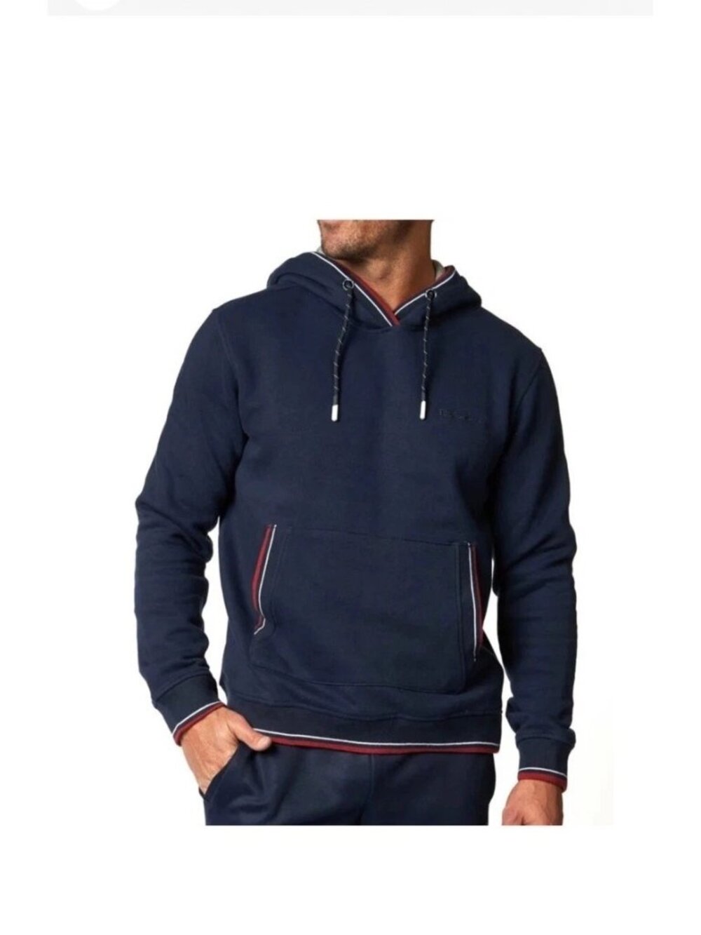 Ben Sherman Hoodie Size Small Navy Blue Pullover Red Striped Accent Trim Was $89